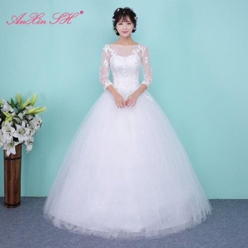 AXJFU princess flower lace white wedding dress party vintage boat neck illusion half sleeve beading ball gown wedding dress