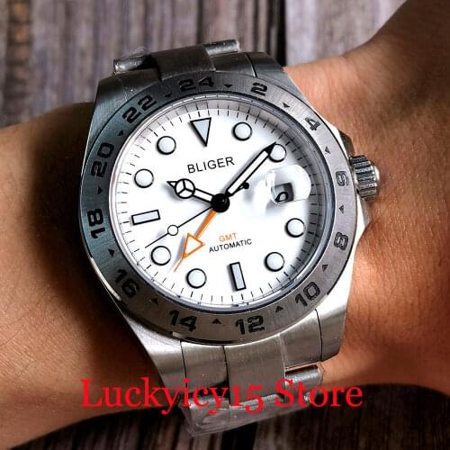 BLIGER White GMT 43mm Automatic Men Watch Steel Bezel Orange Hand Glide Lock Oyster Strap Black Edge Mark Sapphire Crystal