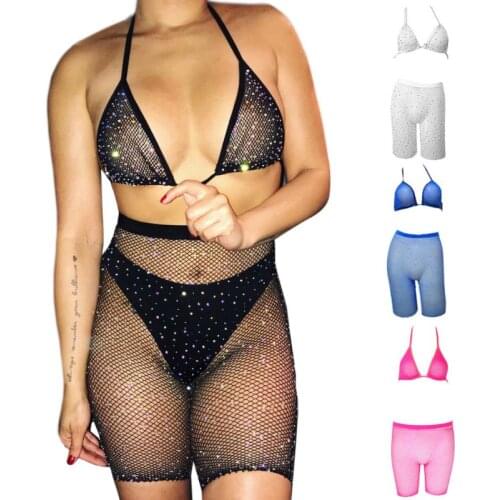 Womens Erotic See Through Fishnet Underwear Set Glitter Drilling Rhinestone Halter Bra Shorts Leggings Lingerie Bikini Solid