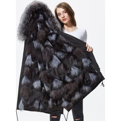 Fox fur parka coat women silver fox fur lined parka black racoon fur collar Womens Outwear Parkas for Women Winter parka natura