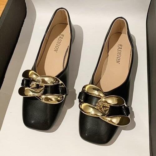 LLOGAI Fashion Design Women Shoes Gold Chain Women Flat Shoes Slip on Shoes Office Asakuchi Charm Round Toe Casual Woman Shoes