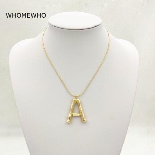 Gold Hammered Metal Bamboo 26 Letter Alphabet A-Z Minimalist Initial Statement Pendant Necklace Fashion Snake Chain Neck Jewelry
