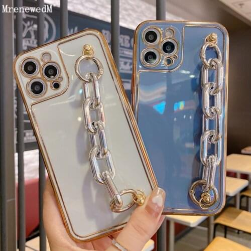 Fashion Gold Silver Plating Bracelet Phone Case For iPhone 11 Pro 12 Mini Xr Xs Max SE2 7 8 Plus Soft Silicone Wrist Chain Cover