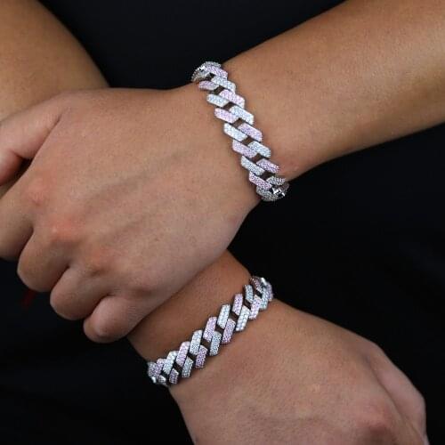 Wholesale men cuban chain bracelet bangle with pink white cz paved hip hop wide heavy bracelet for hip hop party jewelry gift