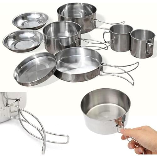 8Pcs/set Portable Stainless Steel Outdoor Picnic Pot Pan Kit Camping Backpacking Cookware Set for Hiking Camping Travel