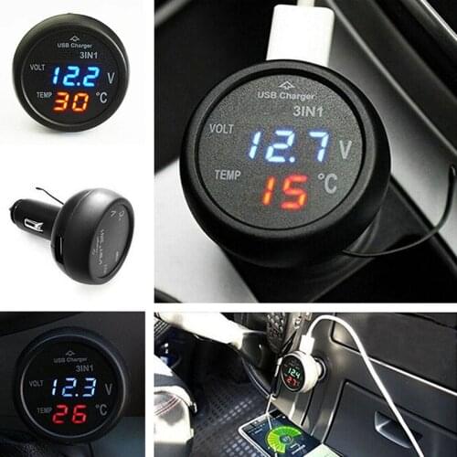 New 12V/24V Temperature Meter Voltmeter 3 in 1 Digital LED car Voltmeter Thermometer Auto Car USB Charger Cigarette Lighter