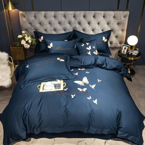 Luxury 100% Cotton Butterfly Embroidery Bedding Set Queen Double Duvet Cover Set 1.5M 1.8M Bed Fitted Sheet Set Pillowcases 4Pcs