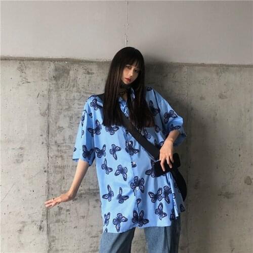 Summer New Mens And Womens Short-Sleeved Shirts Harajuku Vintage Trend Street Neutral Butterfly Print Loose Straight Top