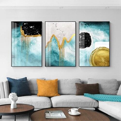 Nordic Abstract color spalsh blue golden canvas painting poster and print unique decor wall art pictures for living room bedroom