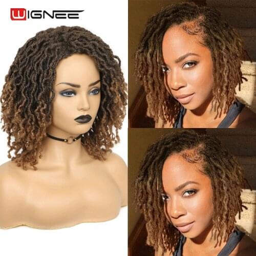 Wignee Short Soft Ombre Brown Synthetic Wigs Faux locs Dreadlock Dreads Braiding Crochet Twist Fiber For American Women Hair Wig