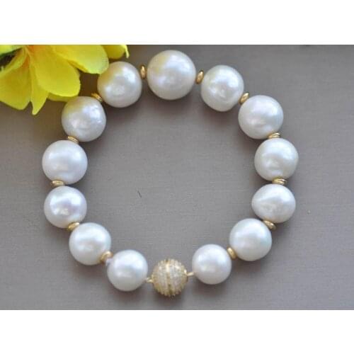 Z10302 8" 16mm White Round Edison Keshi Pearl Bracelet CZ Magnet