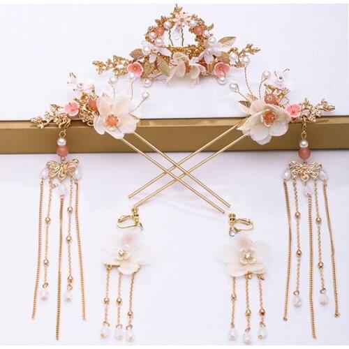 1Set Women Girls Hanfu Dress Jewelry Sets Tassel Step Shake Flower Chinese Hairpins Hair Combs Earring Hair Fork Headpieces