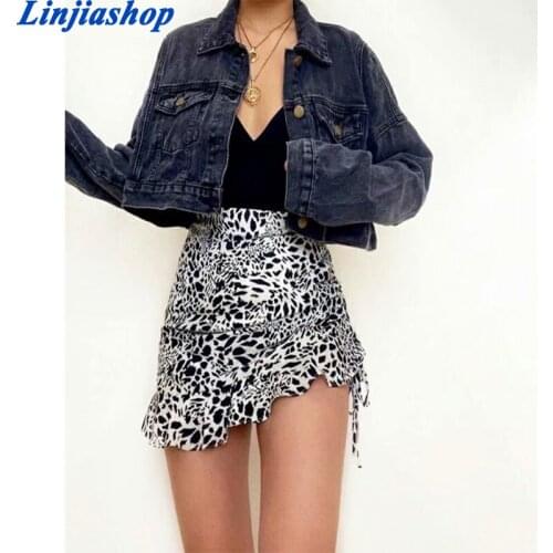 Leopard Skirts Women Invisible Zipper Ruffles A Line Drawstring Ruched Mini Skirt Ladies Fashion Casual Party Wear