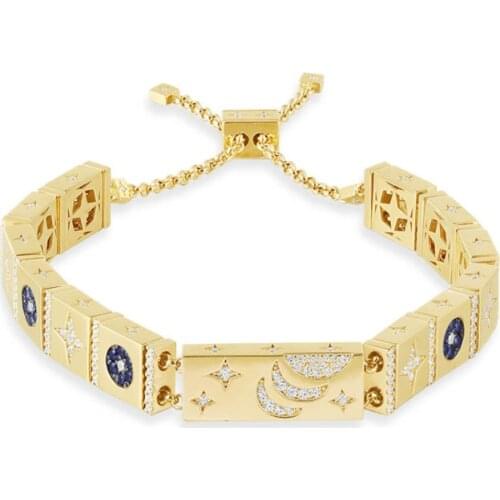 SLJELY Top Quality 100% Real 925 Sterling Silver Yellow Gold Color Moon Star Square Adjustable Bracelet Women Fine Brand Jewelry