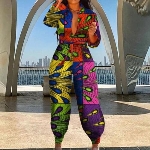 Aesthetic Printed Vintage Full Length Jumpsuit for Women Turn Down Collar Full Sleeve Loose Romper Office Lady Empire Bodysuits