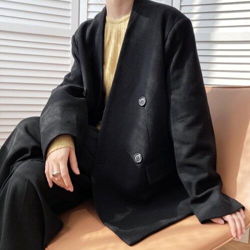 Vintage Office Ladies V-neck Button Solid Blazer 2021 New Womens Casual Retro Loose Double-breasted Spring Autumn Suits Coat
