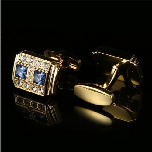 5Pairs/lot Elegant Blue Crystal Cufflinks Copper Golden Cuff Links Shirt Cuff Button Mens Jewelry Wedding Gift Embeded