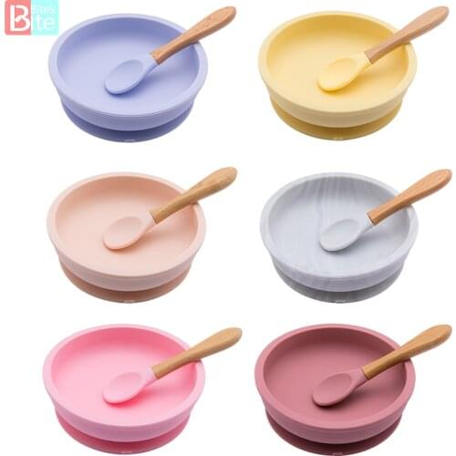 Baby Feeding Bowls Learning Dishes Suction Bowl with Wood Spoon Non-Slip First Stage Self Portable Infant Silicone Tableware