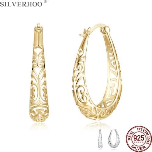 SILVERHOO Minimalist Earrings For Women 925 Sterling Silver 2 Color Hollow Out Pattern Golden Stud Earring Female Luxury Jewelry