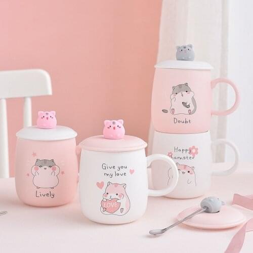 Ceramic Cute Hamster Coffee Mug with Lid and Spoon Set Porcelain Breakfast Milk Cup Cartoon Afternoon Teacup Office Drinkware