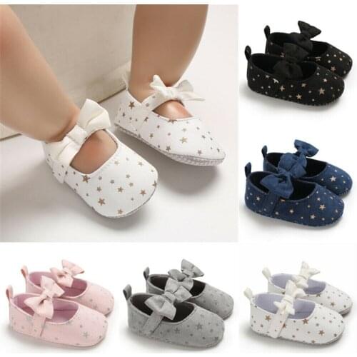 Hot Toddler Girl Crib Shoes Stars Print Kids Princess Newborn Baby Bowknot Soft Sole Moccasin Prewalker Baby First Walker