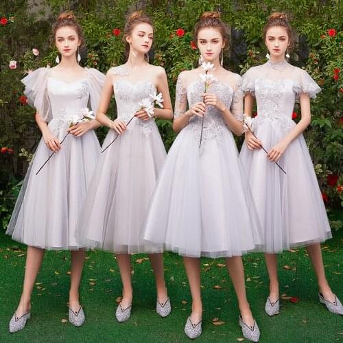 Bridesmaids Dress Illusion O-Neck Sleeveless Lace Embroidery Tulle Knee-Length A-Line Luxury Gray Women Wedding Party Gown E317