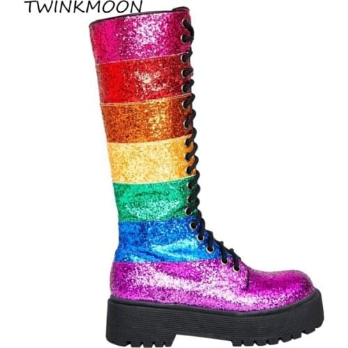 Rainbow Colorful Platform Boot Chunky Thick Heel Lace Up Knee High Boot Round Toe Suquined Glitter zapatos mujer 2020