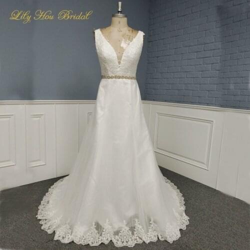 Real Picture V Neck Wedding Dress Sequined Lace Appliques Tulle Bridal Gowns with Crystals Belt