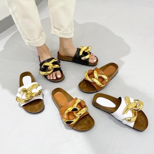 Womens Slippers 2021 Summer New Metal Chain Open Toe Casual Flat Slippers Women Shoes