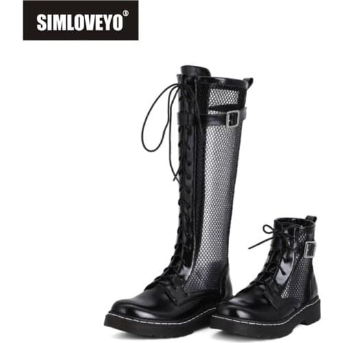 SIMLOVEYO 2021 Summer Cool Womens Knee High Boots Shoes Mesh Hollow Round Toe Lace Up 3.5CM Square Heels Big Size 34-43 A4151