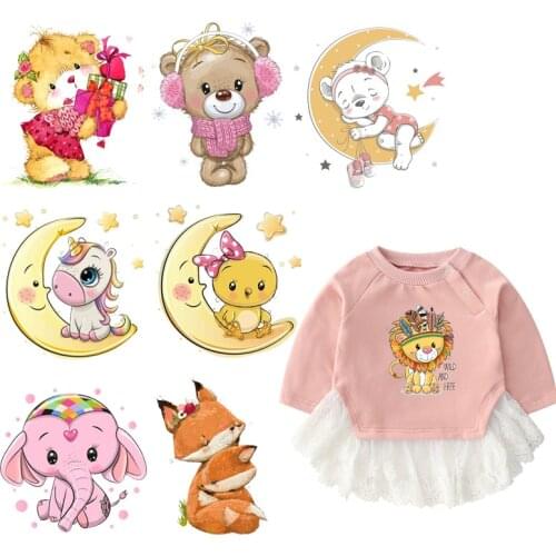 Cute Small Animal Thermo Transfer for Clothes Iron On Unicorn Cows Patches Stickers Cartoon Bear Badges Washable DIY T-shirt