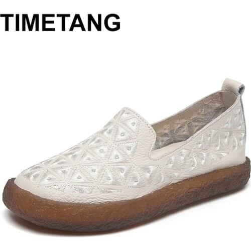 TIMETANG Women Emboridery Ballet Flats Casual Genuine Leather Loafers Designer Lady Flat Heel Shoes Handmade Women Flats E762
