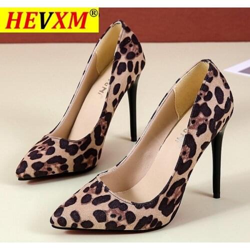 HEVXM High Heels Shoes Women Pumps Flock Leopard Print Sexy Stilettos 11.5cm Party Heeled Designer Shoes Plus Big Size