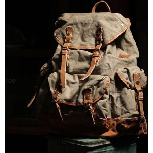 Top Quality Vintage Japan Imported Canvas With Cowhide Mens Backpack Big Capacity Casual Canvas Cowboy Style Male Travel Bag