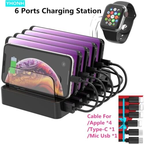 6 USB Charger Station Dock with Holder QC3.0*1USB 5V2.4A*5 USB Quick Charging Free USB Cable For iphone ipad PC Kindle Tablet