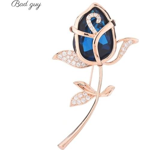 Gold Rose and Blue Gems Brooches Pin For Women Vitage Metal Flower Weddings Party Office Brooch Pins Gifts Clothes Accessories