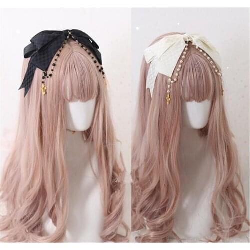 Gothic Lolita Lace Trim KC Headband Pearls Bow Handwork Hair Accessories Headwear Womens Headdress D277