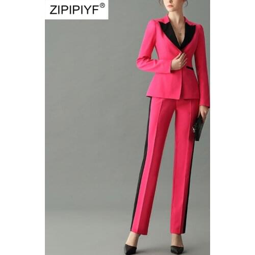 2021 Summer Runway Fashion Color Block Turn Down Neck Long Sleeve One Button Blazers Skinny Long Pants Office Lady Suits Z404