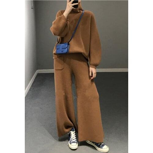2019 Direct Selling Winter New 2 Piece Suit Female High Collar Knit Sweater Wide Leg Pants Loose Lazy Thick Two-piece Women