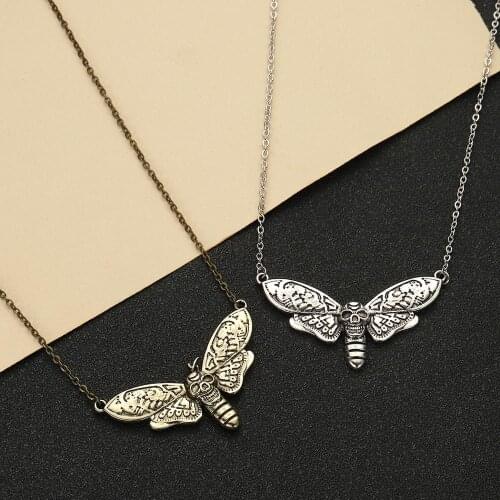 QIAMNI Deaths Head Hawkmoth Necklace Gothic Moon Moth Dead Head Skull Pendant Necklace Halloween Jewelry Gift For Women Men