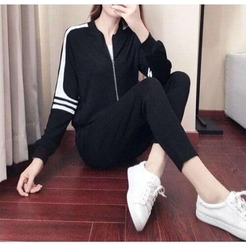 2017New Autumn Women Sportswear suits Black long sleeve Slim White Striped Cotton Casual Tracksuits Popular Womens Sporting Suit