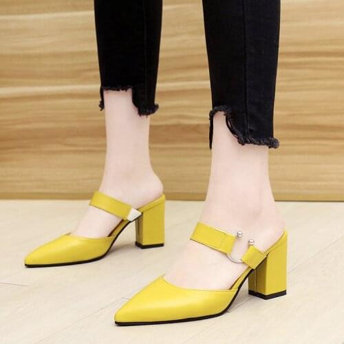 2021 Summer Sandals Dress Party Shoes PU Leather High Heel Sandals Womens Mules Ladies Pointed Toe Chunky Heel White Yellow