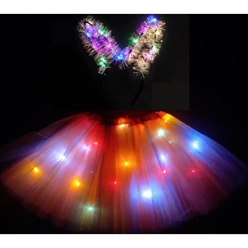 2021 New Mesh Ribbon Light-emitting LED Childrens Skirt Stage Dance Performance Festival Party Cat Ear Headband Orange