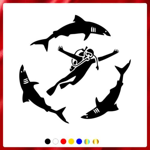 40586# Die-Cut Vinyl Decal Diver with Sharks Car Sticker Waterproof Auto Decors on Car Body Bumper Rear Window