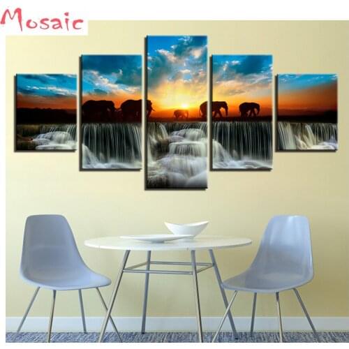 Diamond Mosaic waterfall,5d DIY Diamond Embroidery 5 Panel Elephant,Diamond Painting Cross Stitch square Drill Mosaic Decoration