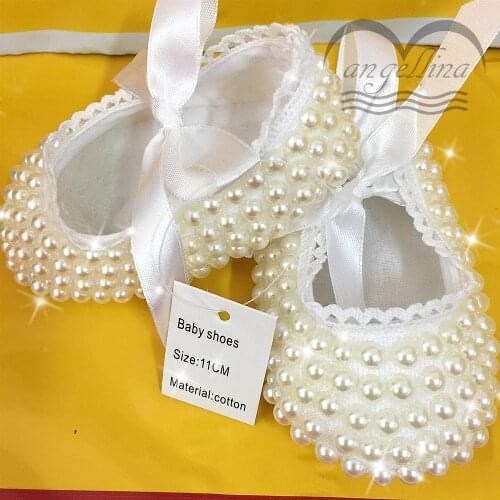 Custom Sparkle Bling Baby Shoes Cotton fabric hand-made pearl baby shoes Ballerina Shoes baptism baby shoes 0-3month