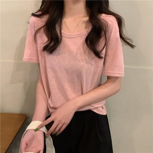 Student Round Neck Short-sleeved T-shirt Womens Summer New Korean Version Loose and Thin All-match Casual Bottoming Shirt