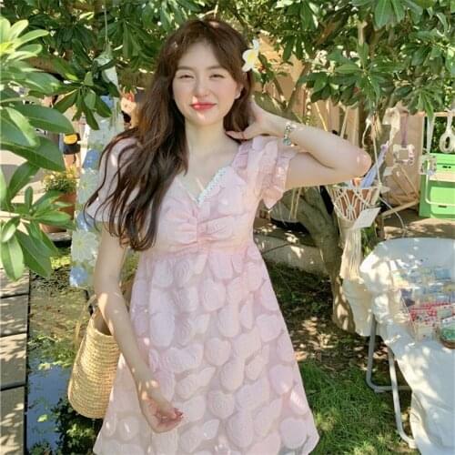 French Summer Elegant Preppy Style Sweet Girly Soft Girl Women Dress Kawaii Lace V-Neck Puff Sleeve Embossing A-Line Pink Dresse