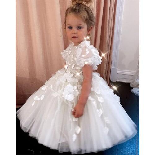 3D Floral Applique Lace Flower Girl Dress A-line Beads Jewel Neck Long Sleeves Sweep Train Princess Pageant Gowns Birthday Gown