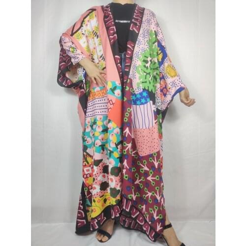 Kuwait Fashion 2021 Summer Bohemian Swimwear Kimonos for Women Oversize African Muslim Silk Kaftan Long Cardigan For Lady